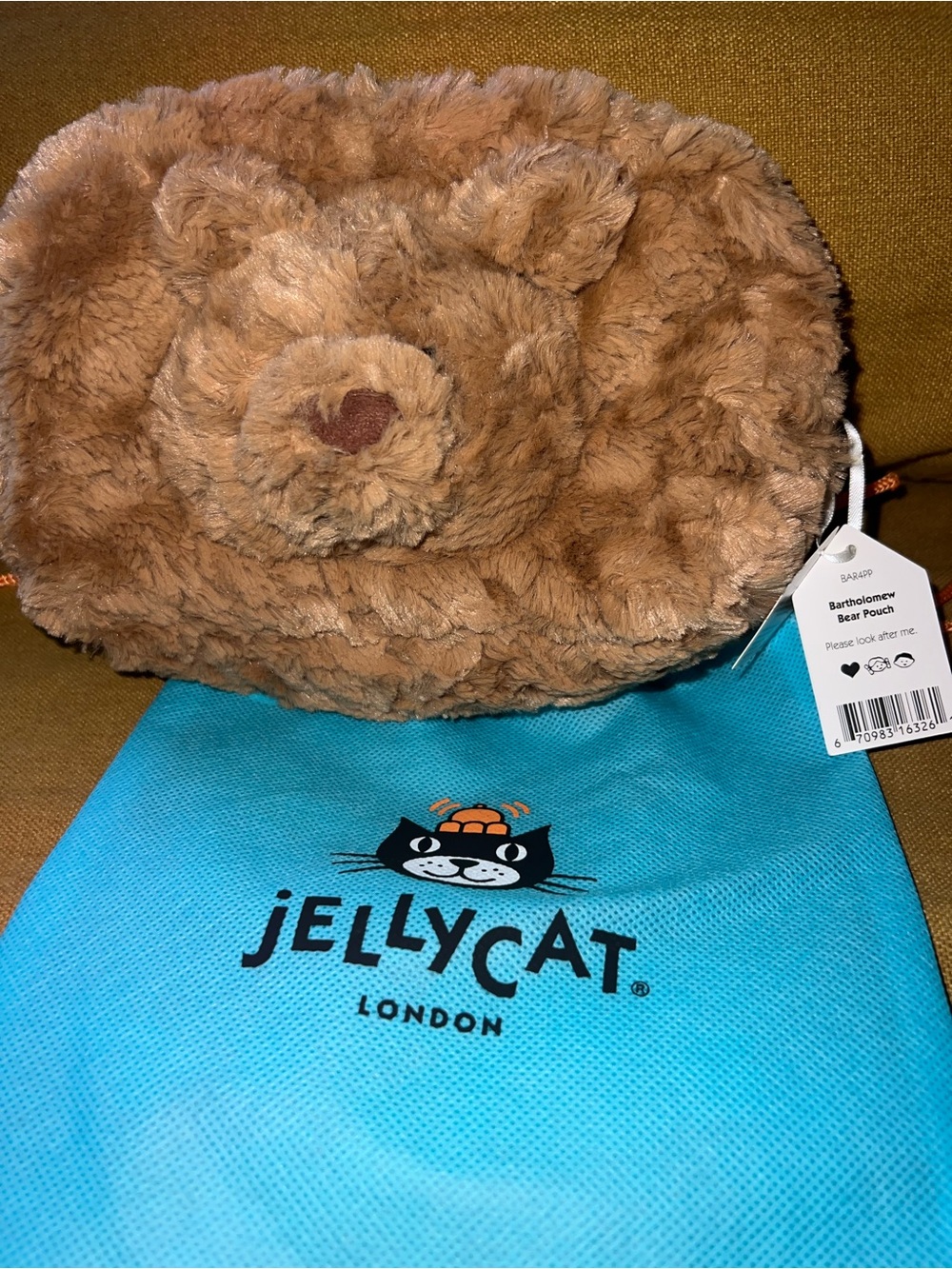 Jellycat Tan Bear Plush Pouch with Printed Lining